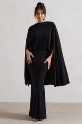 Black High-Neck Maxi Dress With Cape